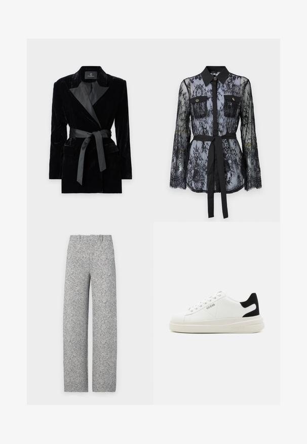 Blazer en velours noir avec col châle en satin, manches longues, poches avant et une ceinture nouée à la taille. Texture lisse et design ajusté.; Blouse en dentelle noire avec des manches longues, des poches poitrine boutonnées, un col classique et une ceinture en tissu nouée à la taille. Design transparent.; Pantalon en mélange de laine, à motif chevron, de couleur gris clair avec une coupe droite, doté d'une taille et de passants de ceinture, sans poches visibles.; Baskets en cuir blanc avec une épaisse semelle blanche, un accent en daim noir au niveau du talon et un logo embossé sur le côté. Design à lacets avec six œillets.