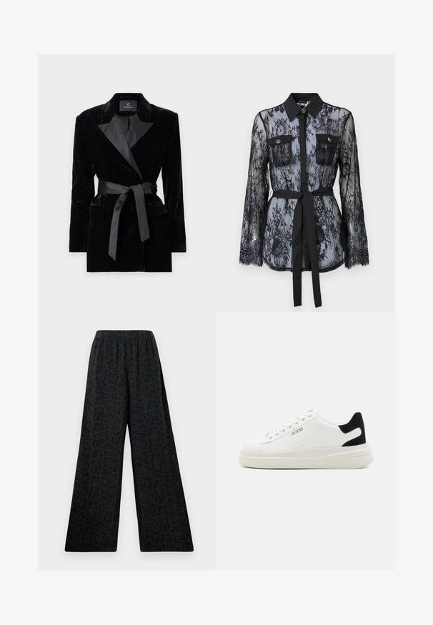 Svart sammet blazer med satin skalkrage, långa ärmar, framfickor och ett knytbälte i midjan. Slät textur och skräddarsydd design.; Svart spetsblus med långa ärmar, knäppta bröstfickor, klassisk krage och ett tygbälte knutet i midjan. Transparent design.; Svarta vida byxor med elastisk midja, med ett subtilt blommönster i en mörkare nyans. Slät tygkvalitet.; Vita lädersneakers med en tjock vit sula, svartsuede hälaccent och präglad logotyp på sidan. Snörningsdesign med sex öglor.