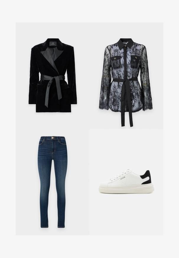 Černé sametové sako se saténovým šálovým límcem, dlouhými rukávy, předními kapsami a uvázaným páskem v pase. Hladký povrch a přizpůsobený design.; Černá krajková blůza s dlouhými rukávy, knoflíkovými kapsami na hrudi, klasickým límečkem a tkaninovým páskem svázaným v pase. Průhledný design.; Tmavě modré skinny džíny z denimu, s předním zapínáním na knoflíky, pěti kapsami a jemným zesvětlením na stehnech.; Bílé kožené tenisky s tlustou bílou podrážkou, černým semišovým akcentem na patě a vyraženým logem na boku. Šněrovací design se šesti očka.