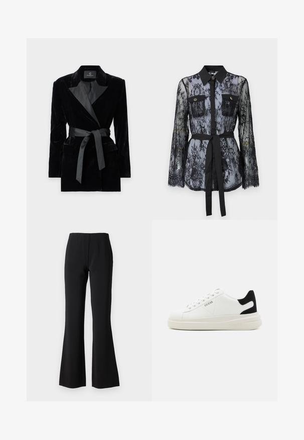 Črn žametni blazer s satenskim ovratnikom, dolgimi rokavi, sprednjimi žepi in zavezanjem v pasu. Gladka tekstura in krojena zasnova.; Črna čipkasta bluza z dolgimi rokavi, z gumbastimi žepi na prsih, klasičnim ovratnikom in pasom iz tkanine, vezanim na pasu. Prosojna zasnova.; Črne široke hlače iz gladkega, elastičnega materiala, z visokim pasom in čisto, prirejenimi kroji brez žepov ali okrasnih detajlov.; Bele usnjene športne copate z debelim belim podplatom, črnimi semišnimi detajli na peti in utisnjenim logotipom na strani. Zavezovanje s šestimi luknjicami.