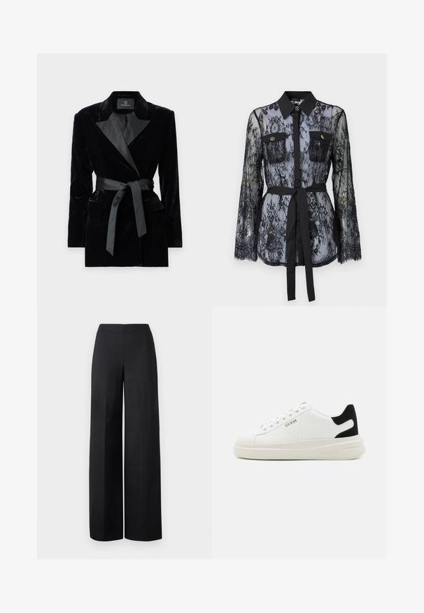 Blazer en velours noir avec col châle en satin, manches longues, poches avant et une ceinture nouée à la taille. Texture lisse et design ajusté.; Blouse en dentelle noire avec des manches longues, des poches poitrine boutonnées, un col classique et une ceinture en tissu nouée à la taille. Design transparent.; Pantalons larges noirs en tissu lisse. Dotés d'une taille haute et de lignes nettes et droites sans poches visibles ni embellissements.; Baskets en cuir blanc avec une épaisse semelle blanche, un accent en daim noir au niveau du talon et un logo embossé sur le côté. Design à lacets avec six œillets.