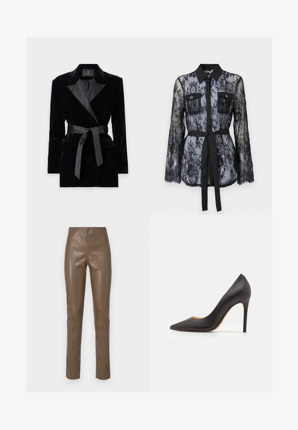Svart sammet blazer med satin skalkrage, långa ärmar, framfickor och ett knytbälte i midjan. Slät textur och skräddarsydd design.; Svart spetsblus med långa ärmar, knäppta bröstfickor, klassisk krage och ett tygbälte knutet i midjan. Transparent design.; Bruna fusk läderbyxor med en slät, glänsande yta. Har hög midja och raka ben, med minimal sömnadsdetalj.; Svart läder högklackad pumpsko med spetstipp och slät textur, med en smal klack och minimalistisk design.