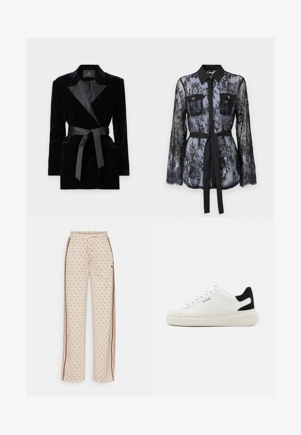 Melnas samta žaketes ar satīna apkakli, garām piedurknēm, priekšējām kabatām un saistītu jostu jostasvietā. Gluda tekstūra un izsmalcināts dizains.; Melnas mežģīņu blūze ar garām piedurknēm, pogām kabatām uz krūtīm, klasisku apkakli un auduma jostu, kas saitē ap jostasvietu. Caurspīdīgs dizains.; Kremveidīgi rakstaini bikses ar auklu jostas vietā, ar dimanta rakstu, brūnām sānu strīpām un mazu melnu logotipu.; Baltas ādas sporta apavi ar biezu balto zoli, melna zamša uzpura un izspiestais logotips sānos. Šņorējuma dizains ar sešiem acu caurumiem.