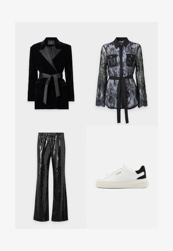 Fekete bársony blézer selyem stílusú gallérral, hosszú ujjak, elülső zsebek és megkötős öv a deréknál. Simaság és precíz szabás jellemzi.; Fekete csipke blúz hosszú ujjal, gombos mellzsebekkel, klasszikus gallérral, és derékra kötött szövet övvel. Átlátszó kialakítás.; Fekete flitteres nadrág, bővülő kialakítással, rugalmas derékkal és fényes textúrával, amely visszaveri a fényt. Függőleges flitteres mintázat.; Fehér bőr sportcipők vastag fehér talppal, fekete velúr sarokpikkelyel és dombornyomott logóval az oldalon. Fűzős kialakítás, hat fűzőlyukkal.