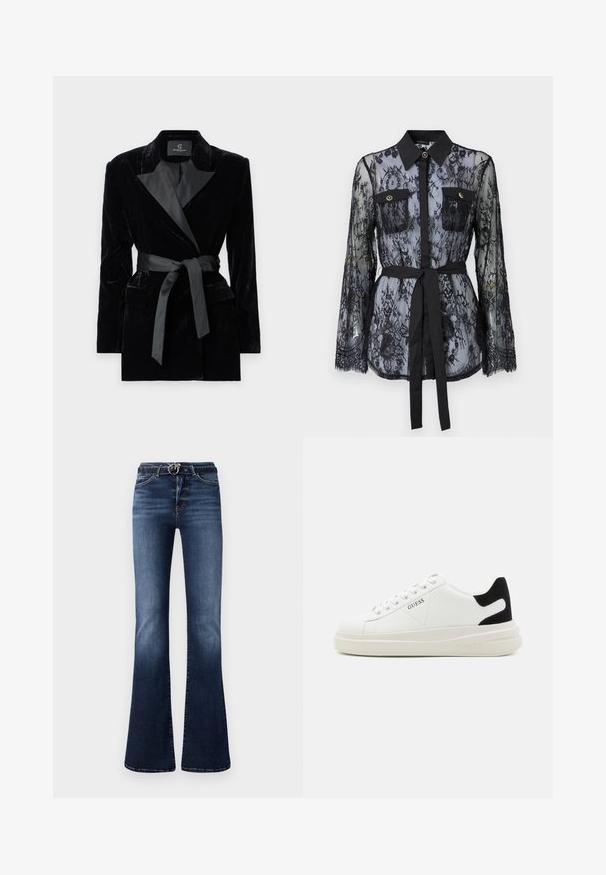 Blazer de terciopelo negro con cuello de chal de satén, mangas largas, bolsillos frontales y un cinturón atado en la cintura. Textura suave y diseño ajustado.; Blusa de encaje negro con mangas largas, bolsillos en el pecho con botón, cuello clásico y un cinturón de tela atado a la cintura. Diseño transparente.; Vaqueros acampanados de un azul oscuro con una textura desgastada, que presentan una cintura alta, herrajes de plata en el aro del cinturón y bolsillos delanteros.; Zapatillas blancas de cuero con una suela blanca gruesa, acento en el talón de ante negro y logo grabado en el lateral. Diseño de cordones con seis ojales.