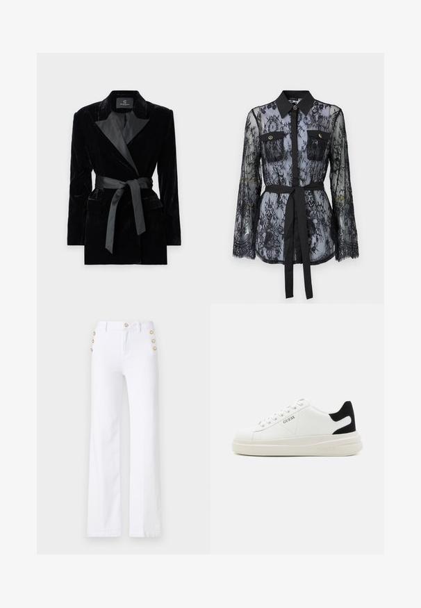 Blazer en velours noir avec col châle en satin, manches longues, poches avant et une ceinture nouée à la taille. Texture lisse et design ajusté.; Blouse en dentelle noire avec des manches longues, des poches poitrine boutonnées, un col classique et une ceinture en tissu nouée à la taille. Design transparent.; Pantalons évasés blancs en coton, dotés d'une fermeture éclair à l'avant, de accents de boutons dorés sur le côté et d'une texture lisse.; Baskets en cuir blanc avec une épaisse semelle blanche, un accent en daim noir au niveau du talon et un logo embossé sur le côté. Design à lacets avec six œillets.