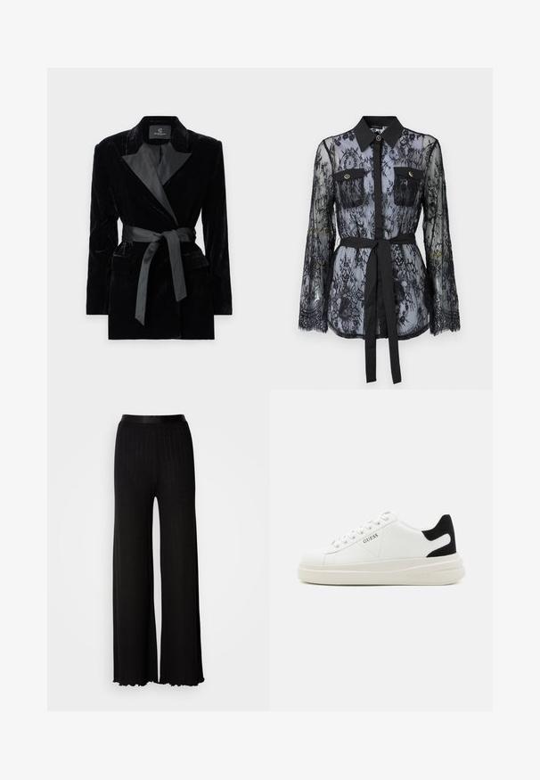 Sacou negru din catifea, cu guler din satin, mâneci lungi, buzunare frontale și o curea legată în talie. Textură fină și design croit.; Bluză din dantelă neagră, cu mâneci lungi, buzunare la piept cu nasturi, guler clasic și o curea din țesătură legată în talie. Design transparent.; Pantaloni negri cu croială largă, cu un brâu neted, având o textură delicată cu dungi verticale și tivuri ondulate pentru un plus de textură și detaliu.; Adidași din piele albă cu o talpă groasă albă, accent de călcâi din suede negru și logo embosat pe lateral. Design cu șireturi și șase orificii.