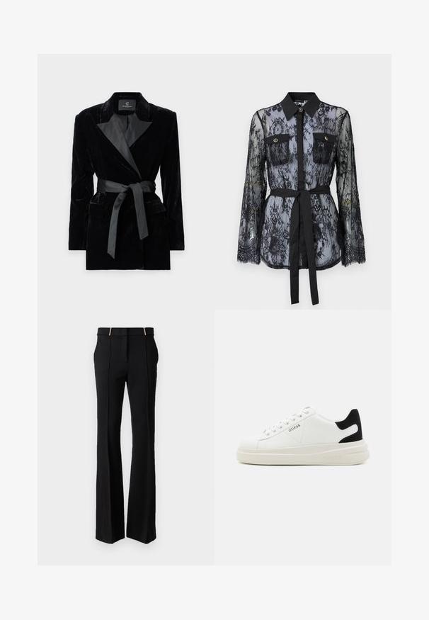 Schwarze Samtblazer mit satinierter Schalkragen, langen Ärmeln, Fronttaschen und einem gebundenen Gürtel in der Taille. Glatte Textur und taillierte Passform.; Schwarze Spitzenbluse mit langen Ärmeln, knöpfbaren Brusttaschen, klassischem Kragen und einem Stoffgürtel, der an der Taille gebunden ist. Transparenter Design.; LIU JO PANT FIT AND FLARE - Stoffhose - nero; Weiße Leder-Sneaker mit einer dicken weißen Sohle, schwarzem Wildlederakzent an der Ferse und geprägtem Logo an der Seite. Schnürdesign mit sechs Ösen.