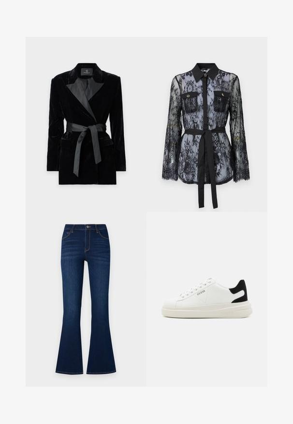 Black velvet blazer with satin shawl collar, long sleeves, front pockets, and a tied belt at the waist. Smooth texture and tailored design.; Black lace blouse featuring long sleeves, buttoned chest pockets, a classic collar, and a fabric belt tied at the waist. Transparent design.; Dark blue flared jeans in denim fabric. Features a high waist, five pockets, orange stitching, and a metal button closure.; White leather sneakers with a thick white sole, black suede heel accent, and embossed logo on the side. Laced design with six eyelets.