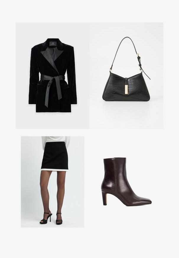 Zwarte fluwelen blazer met satijnen sjaalkraag, lange mouwen, voorzakken en een strikceintuur in de taille. Zachte textuur en verfijnd design.; Witte blouse met lange mouwen en een klassieke kraag, met een sluiting aan de voorkant met knopen en geplooide details aan de zijkant. Glad materiaal met een getailleerde pasvorm.; Zwarte mini-jurk met een witte zoom, gemaakt van een gladde stof. Gecombineerd met zwarte platform sandalen, die een minimalistisch ontwerp tonen.; Donkerbruine leren enkellaars met puntige neus en blokhak van gemiddelde hoogte, gladde afwerking, geen zichtbare sluitingen.; Zwarte handtas van faux krokodillenleer, met een driehoekige vorm, een slanke schouderband en een goudkleurige hardware-accent in het midden.; Zwarte leren handschoenen met een gewatteerde zwarte suède manchet. Heeft een gladde afwerking en een subtiele logo-accent op het polsgebied.; Zilveren druppeloorbellen met afgeronde accenten, weergegeven tegen een model dat een witte ribbed mouwloze top draagt, die een gladde textuur laat zien.