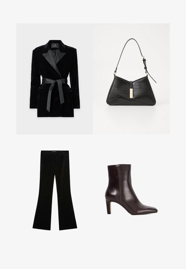 Black velvet blazer with satin shawl collar, long sleeves, front pockets, and a tied belt at the waist. Smooth texture and tailored design.; White long-sleeve blouse with a classic collar, front button closure, and gathered side detail. Smooth fabric with a tailored shape.; Black velvet flared pants with a smooth texture, featuring two front pockets and a fitted waist, designed for a streamlined silhouette.; Dark brown leather ankle boot with pointed toe and mid-height block heel, smooth finish, no visible fasteners.; Black handbag in faux croc-embossed material, featuring a triangular shape, slim shoulder strap, and a gold-tone hardware accent in the center.; Silver teardrop earrings with rounded accents, set against a model wearing a white ribbed sleeveless top, showcasing a smooth texture.