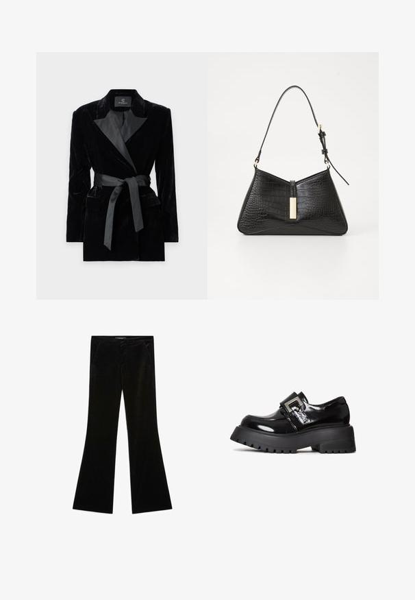 Czarna aksamitna marynarka z satynowym kołnierzem typu szal, długimi rękawami, kieszeniami z przodu i związanym paskiem w talii. Gładka tekstura i dopasowany krój.; Biała bluzka z długim rękawem, klasycznym kołnierzykiem, zapięciem na guziki z przodu i marszczeniem po bokach. Gładki materiał o dopasowanym kroju.; Czarne samodziałowe spodnie dzwony o gładkiej fakturze, z dwiema przednimi kieszeniami i dopasowaną talią, zaprojektowane z myślą o smukłej sylwetce.; Czarne, lakierowane buty na platformie z grubą podeszwą, z akcentem w postaci klamry i smukłym designem. Teksturowana bieżnia zapewniająca przyczepność.; Czarna torebka na ramię z materiału imitującego skórę krokodyla, posiadająca trójkątny kształt, cienki pasek na ramię oraz złote akcenty sprzętowe na środku.; Czarne skórzane rękawiczki z pikowanym czarnym zamszowym mankietem. Posiadają gładkie wykończenie oraz subtelny akcent logo w okolicy nadgarstka.; Srebrne kolczyki w kształcie kropli z zaokrąglonymi akcentami, na modelce noszącej białą bezrękawnikową bluzkę o prążkowanej fakturze, podkreślającą gładką strukturę.