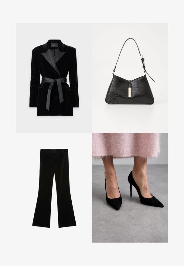 Schwarze Samtblazer mit satinierter Schalkragen, langen Ärmeln, Fronttaschen und einem gebundenen Gürtel in der Taille. Glatte Textur und taillierte Passform.; Weiße Bluse mit langen Ärmeln, klassischem Kragen, vorderer Knopfleiste und gerafftem Seitendetail. Glattes Material mit taillierter Form.; Schwarze Samtglanz-Hose mit ausgestelltem Schnitt, glatter Textur, zwei vorderen Taschen und einer taillierten Passform, entworfen für eine schlanke Silhouette.; Schwarze Wildleder-High Heels mit spitzen Zehen und Stiletto-Absätzen. Getragen mit einem pinken, flauschigen Rock liegt der Fokus auf dem Schuhtdesign und der Textur.; Schwarze Handtasche aus kunstleder mit Kroko-Prägung, die eine dreieckige Form, einen schmalen Schultergurt und eine goldfarbene Hardware-Akzent in der Mitte aufweist.; Silberne Tropfenohrringe mit abgerundeten Akzenten, präsentiert an einem Modell, das ein weißes, geripptes ärmelloses Oberteil trägt und somit eine glatte Textur zur Geltung bringt.