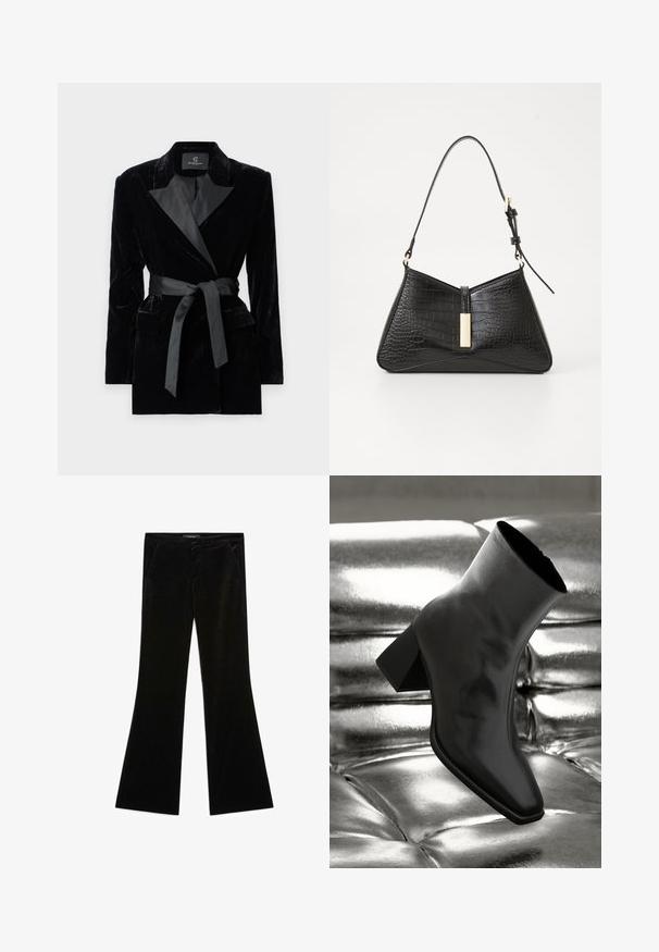 Sort fløjlsblazer med satin sjalkrave, lange ærmer, frontlommer og en bundet bælte i taljen. Glat tekstur og skræddersyet design.; Hvid langærmet bluse med klassisk krave, knaplukning foran og samlede side detaljer. Glat stof med en skræddersyet form.; Sorte fløjlsbukser med en glat tekstur, der har to frontlommer og en tætsiddende talje, designet til en strømlinet silhuet.; Sorte ankelstøvler lavet af glossy materiale med firkantet tå og spidse hæle, sat mod en skinnende sølv tuftet baggrund.; Sort håndtaske i faux krokodillepræget materiale med en triangelform, slank skulderrem og en guldfarvet hardwaredetalje i midten.; Sorte læderhandsker med en quillede sort ruskindsmanchet. Har en glat overflade og en diskret logoaccent på håndledsområdet.; Sølv dråbeøreringe med rundede accenter, sat mod en model iført en hvid ribbet ærmeløs top, der fremviser en glat tekstur.