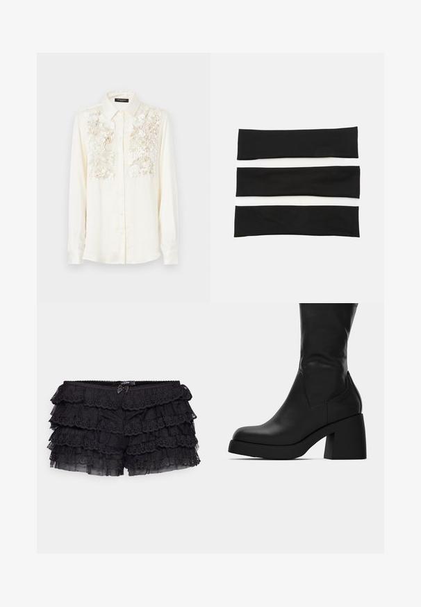 Czarna aksamitna marynarka z satynowym kołnierzem typu szal, długimi rękawami, kieszeniami z przodu i związanym paskiem w talii. Gładka tekstura i dopasowany krój.; Kremowa koszula z teksturowanym haftem w kwiaty na klatce piersiowej, z klasycznym kołnierzykiem i zapięciem na guziki. Długie rękawy.; Jaded London - Szorty; Czarna skórzana botka do połowy łydki z masywnym słupkiem i okrągłym noskiem, przedstawiona w profilu bocznym na białym tle.; Zestaw trzech elastycznych opasek na głowę w kolorze czarno-białym, o gładkiej strukturze i prostym, płaskim wzorze. Każda opaska ma jednolitą szerokość.