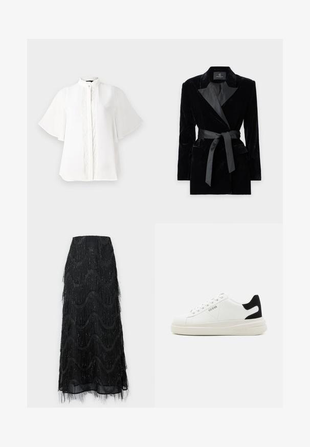 Fekete bársony blézer selyem stílusú gallérral, hosszú ujjak, elülső zsebek és megkötős öv a deréknál. Simaság és precíz szabás jellemzi.; Fehér blúz magas gallérral, rövid fodros ujjakkal és bonyolult függőleges hímzéssel az elején. Sima, könnyű anyag.; Fekete midi szoknya, réteges fránkkal és hullám mintázattal. Átlátszó anyagból készült, csillogó részletekkel az élein.; Fehér bőr sportcipők vastag fehér talppal, fekete velúr sarokpikkelyel és dombornyomott logóval az oldalon. Fűzős kialakítás, hat fűzőlyukkal.