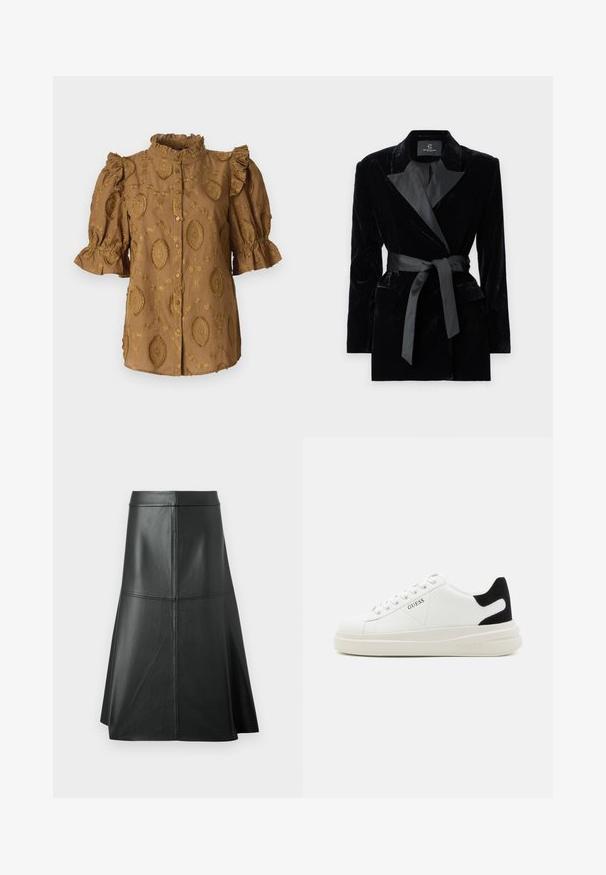 Sort fløjlsblazer med satin sjalkrave, lange ærmer, frontlommer og en bundet bælte i taljen. Glat tekstur og skræddersyet design.; Brun bluse med puffærmer, volangkrave og prægede blomsterdesigns. Frontlukning med knapper; blødt, struktureret stof.; Sort læder A-linje nederdel, glat tekstur, midt på læggen, med vandret syninger ved taljen og sømmene for ekstra struktur.; Hvide lædersneakers med en tyk hvid sål, sort ruskindhælvægt og prægede logoer på siden. Snørebåndsdesign med seks øjer.