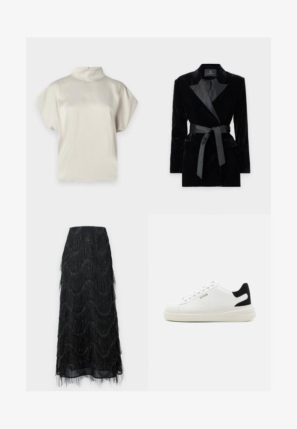 Schwarze Samtblazer mit satinierter Schalkragen, langen Ärmeln, Fronttaschen und einem gebundenen Gürtel in der Taille. Glatte Textur und taillierte Passform.; Kurzärmliges, hellbeiges Oberteil mit hohem Stehkragen. Glatte Textur, lockere Passform und dezenter Glanz. Keine sichtbaren Muster oder Hardware.; Schwarzer Midirock mit geschichteten Fransen und Wellenmustern. Hergestellt aus durchsichtigem Material mit funkelnden Akzenten an den Kanten.; Weiße Leder-Sneaker mit einer dicken weißen Sohle, schwarzem Wildlederakzent an der Ferse und geprägtem Logo an der Seite. Schnürdesign mit sechs Ösen.