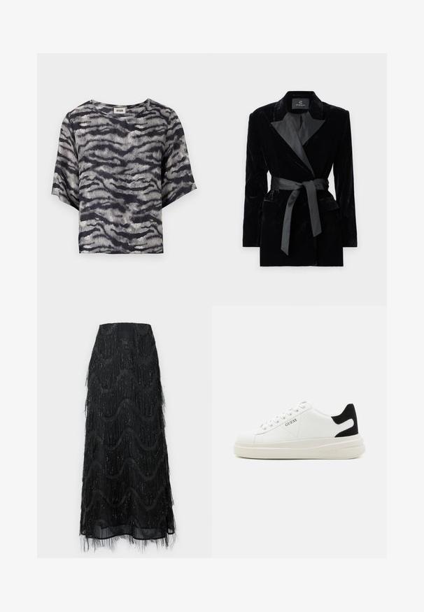 Czarna aksamitna marynarka z satynowym kołnierzem typu szal, długimi rękawami, kieszeniami z przodu i związanym paskiem w talii. Gładka tekstura i dopasowany krój.; Czarna i szara krótka koszulka z falistym wzorem, krótkimi rękawami i okrągłym dekoltem, wykonana z materiału o teksturze żebrowanej.; Czarna spódnica midi z warstwowym frędzlem i wzorami falistymi. Wykonana z przezroczystego materiału z błyszczącymi akcentami wzdłuż brzegów.; Białe skórzane sneakersy z grubą białą podeszwą, czarnym zamszowym akcentem na pięcie oraz wytłoczonym logotypem z boku. Projekt z sznurówkami i sześcioma dziurkami.