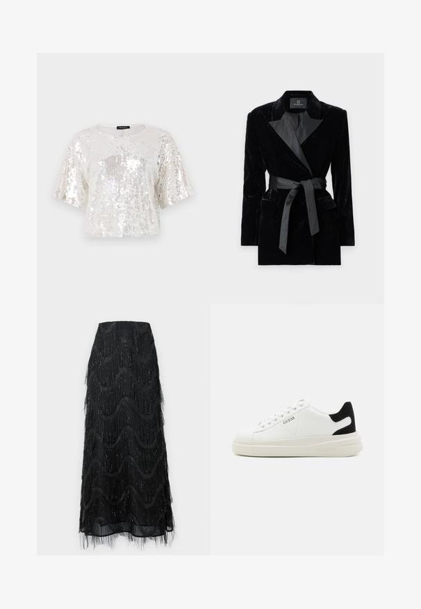 Svart sammet blazer med satin skalkrage, långa ärmar, framfickor och ett knytbälte i midjan. Slät textur och skräddarsydd design.; Kreativ, kortärmad topp tillverkad av paljettyg i vitt och silver, med rund halsringning och ribbad nederkant.; Svart midikjol med lager av fransar och vågmönster. Tillverkad av genomskinligt material med glittrande detaljer längs kanterna.; Vita lädersneakers med en tjock vit sula, svartsuede hälaccent och präglad logotyp på sidan. Snörningsdesign med sex öglor.