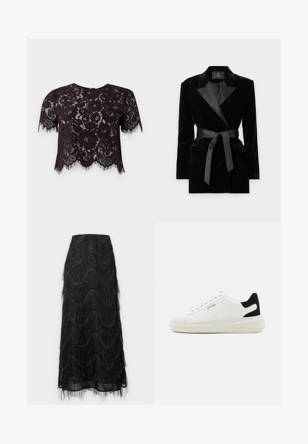 Black velvet blazer with satin shawl collar, long sleeves, front pockets, and a tied belt at the waist. Smooth texture and tailored design.; Black lace crop top with short sleeves, featuring floral patterns and fringed edges. The design has a scalloped hem for added detail.; Black midi skirt featuring layered fringe and wave patterns. Made from sheer material with sparkly accents along the edges.; White leather sneakers with a thick white sole, black suede heel accent, and embossed logo on the side. Laced design with six eyelets.