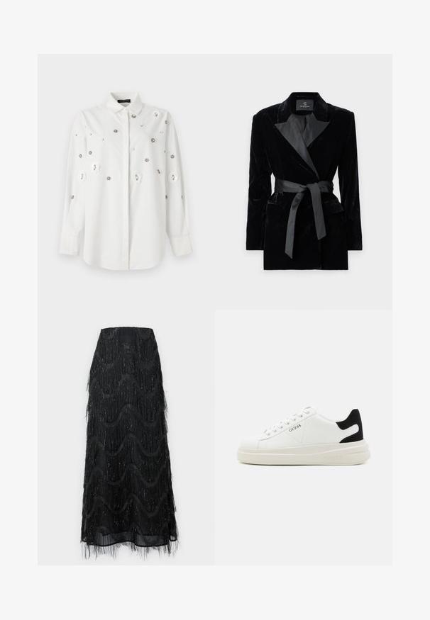 Svart fløyelsblazer med sateng sjalkrage, lange ermer, frontlommer og et knyttet belte i midjen. Glatt tekstur og skreddersydd design.; Hvit langermet skjorte med krage, med blomsterapplikasjoner og dekorative paljetter. Glatt stoff med en skreddersydd passform.; Svart midi skjørt med lagdelt frynser og bølgemønstre. Laget av gjennomsiktig materiale med glitrende detaljer langs kantene.; Hvite lær sneakers med tykk hvit såle, svart semsket hælforsterkning og preget logo på siden. Snøresystem med seks hull.