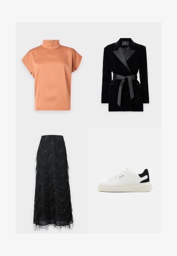 Svart fløyelsblazer med sateng sjalkrage, lange ermer, frontlommer og et knyttet belte i midjen. Glatt tekstur og skreddersydd design.; Kortermet turtleneck topp i en myk terrakottafarve, med en jevn tekstur og løs passform uten synlige lukkinger eller mønstre.; Svart midi skjørt med lagdelt frynser og bølgemønstre. Laget av gjennomsiktig materiale med glitrende detaljer langs kantene.; Hvite lær sneakers med tykk hvit såle, svart semsket hælforsterkning og preget logo på siden. Snøresystem med seks hull.