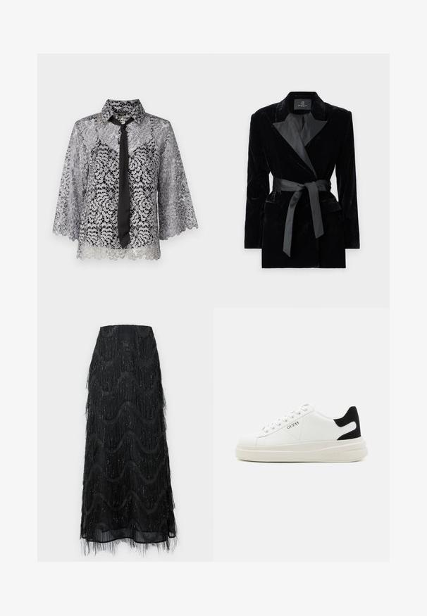 Črn žametni blazer s satenskim ovratnikom, dolgimi rokavi, sprednjimi žepi in zavezanjem v pasu. Gladka tekstura in krojena zasnova.; Srebrova čipkasta bluzo s črnim trakom. Ima zvonaste rokave, cvetlične vzorce in koničast ovratnik. Prosojna tekstura s valovitim robom.; Črna midi krila z večplastnimi resicami in valovitimi vzorci. Narejena iz prosojnega materiala s svetlečimi poudarki ob robovih.; Bele usnjene športne copate z debelim belim podplatom, črnimi semišnimi detajli na peti in utisnjenim logotipom na strani. Zavezovanje s šestimi luknjicami.