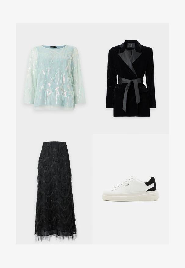 Black velvet blazer with satin shawl collar, long sleeves, front pockets, and a tied belt at the waist. Smooth texture and tailored design.; Light blue sheer blouse with long sleeves, featuring iridescent jellyfish embroidery and sequins, round neckline, and a relaxed fit.; Black midi skirt featuring layered fringe and wave patterns. Made from sheer material with sparkly accents along the edges.; White leather sneakers with a thick white sole, black suede heel accent, and embossed logo on the side. Laced design with six eyelets.
