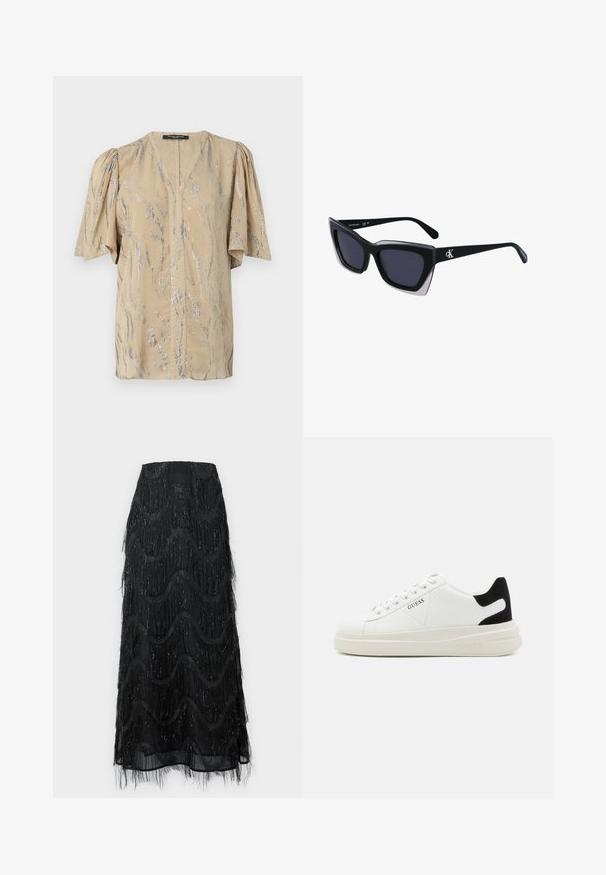 Blazer de terciopelo negro con cuello de chal de satén, mangas largas, bolsillos frontales y un cinturón atado en la cintura. Textura suave y diseño ajustado.; Top beige con mangas cortas abullonadas, con escote en V y un patrón ondulado plateado brillante, hecho de un material ligero.; Falda midi negra con flecos en capas y patrones de ondas. Fabricada con material transparente y acentos brillantes a lo largo de los bordes.; Zapatillas blancas de cuero con una suela blanca gruesa, acento en el talón de ante negro y logo grabado en el lateral. Diseño de cordones con seis ojales.; Gafas de sol negras de gran tamaño con una forma geométrica, que presentan lentes oscuros y un detalle gris contrastante en la montura. Logo en la pata.