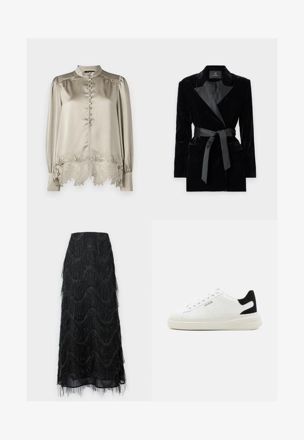 Černé sametové sako se saténovým šálovým límcem, dlouhými rukávy, předními kapsami a uvázaným páskem v pase. Hladký povrch a přizpůsobený design.; Bruuns Bazaar ACACIABBKATARA BLOUSE - Blůza - plaza taupe; Černá midi sukně s vrstveným třásněm a vlnitými vzory. Vyrobena z průsvitného materiálu se třpytivými akcenty podél okrajů.; Bílé kožené tenisky s tlustou bílou podrážkou, černým semišovým akcentem na patě a vyraženým logem na boku. Šněrovací design se šesti očka.