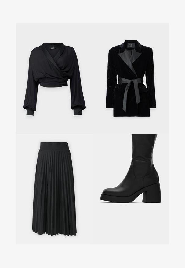 Black velvet blazer with satin shawl collar, long sleeves, front pockets, and a tied belt at the waist. Smooth texture and tailored design.; Black cropped wrap top made from smooth fabric, featuring long sleeves with elastic cuffs and a satin collar detail.; Black pleated skirt with a wide waistband, featuring uniform vertical folds throughout. Smooth texture with a flowing design.; Black mid-calf leather boot with chunky block heel and rounded toe, showing side profile on white background.