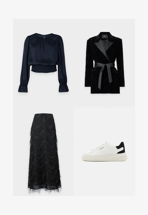 Črn žametni blazer s satenskim ovratnikom, dolgimi rokavi, sprednjimi žepi in zavezanjem v pasu. Gladka tekstura in krojena zasnova.; Mornarsko modra satenasta bluza z okroglim ovratnikom, dolgimi napihnjenimi rokavi, smučanim pasom in volanastim robom. Ima majhno gumbno podrobnost na ovratniku.; Črna midi krila z večplastnimi resicami in valovitimi vzorci. Narejena iz prosojnega materiala s svetlečimi poudarki ob robovih.; Bele usnjene športne copate z debelim belim podplatom, črnimi semišnimi detajli na peti in utisnjenim logotipom na strani. Zavezovanje s šestimi luknjicami.