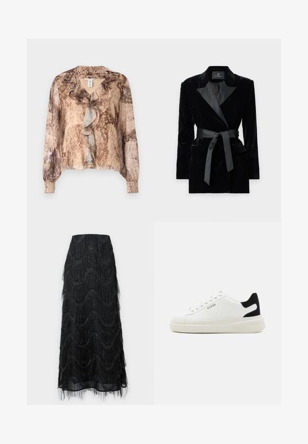 Fekete bársony blézer selyem stílusú gallérral, hosszú ujjak, elülső zsebek és megkötős öv a deréknál. Simaság és precíz szabás jellemzi.; Hosszú ujjú blúz kígyóbőr mintával bézs és barna árnyalatokban, fodros elülsőrész és ráncolt ujjak jellemzik. Puha, könnyű anyag.; Fekete midi szoknya, réteges fránkkal és hullám mintázattal. Átlátszó anyagból készült, csillogó részletekkel az élein.; Fehér bőr sportcipők vastag fehér talppal, fekete velúr sarokpikkelyel és dombornyomott logóval az oldalon. Fűzős kialakítás, hat fűzőlyukkal.