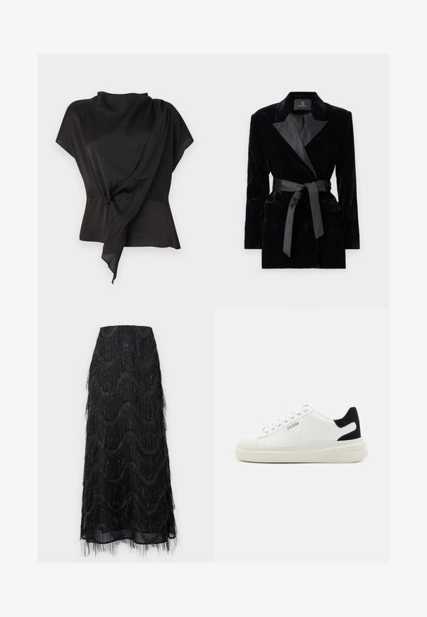 Črn žametni blazer s satenskim ovratnikom, dolgimi rokavi, sprednjimi žepi in zavezanjem v pasu. Gladka tekstura in krojena zasnova.; Črna bluza iz gladkega materiala, z drapirano zasnovo in vozlom na pasu ter kratkimi rokavi.; Črna midi krila z večplastnimi resicami in valovitimi vzorci. Narejena iz prosojnega materiala s svetlečimi poudarki ob robovih.; Bele usnjene športne copate z debelim belim podplatom, črnimi semišnimi detajli na peti in utisnjenim logotipom na strani. Zavezovanje s šestimi luknjicami.