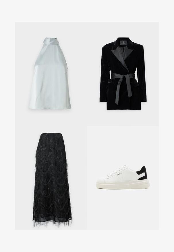 Musta samettitakki, jossa on satiininen kauluspanta, pitkät hihat, etupussit ja vyötäröllä solmittava vyö. Sileä pinta ja muotoiltu malli.; Hopea hihaton paita, jossa on korkea kaulus, kevyesti teksturoitu kangas ja rento istuvuus. Sivupuolella on aukkoja liikkumisen helpottamiseksi.; Mustat midi-hameet, joissa on kerroksellista fringea ja aaltoilukuosia. Valmistettu läpikuultavasta materiaalista, jonka reunoilla on kimaltavia yksityiskohtia.; Valkoiset nahkakengät paksulla valkoisella pohjalla, mustalla mokkanahkaosuudella kannassa ja kohokuvioitu logo sivulla. Nauhakeskitys kuudella reiällä.