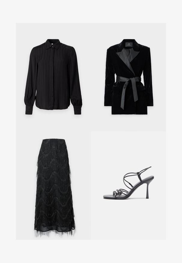 Fekete bársony blézer selyem stílusú gallérral, hosszú ujjak, elülső zsebek és megkötős öv a deréknál. Simaság és precíz szabás jellemzi.; Fekete, hosszú ujjú ing sima anyagból, függőleges csíkokkal, gallérral, gombolható elejével és ráncolt mandzsettával.; Fekete midi szoknya, réteges fránkkal és hullám mintázattal. Átlátszó anyagból készült, csillogó részletekkel az élein.; Fekete magas sarkú szandálok vékony pántokkal, csomózott mintával, sima négyzetes orral és karcsú stiletto sarkal rendelkeznek.
