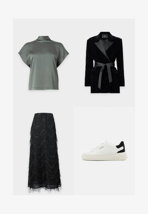 Čierny zamatový blejzer so saténovým šálovým golierom, dlhými rukávmi, prednými vreckami a opaskom na uviazanie v páse. Hladká štruktúra a strihový dizajn.; Krátky rukáv v tlmenej zelenej farbe, vyrobený z hladkej textílie s preloženým golierom. Voľný strih bez viditeľných vzorov alebo kovových detailov.; Čierna midi sukňa s vrstvami frania a vlnkovými vzormi. Vyrobená z priesvitného materiálu so trblietavými akcentmi pozdĺž okrajov.; Biele kožené tenisky s hrubou bielou podrážkou, čiernym zamekom na päte a vyrazeným logom na boku. Šnurovací dizajn so šiestimi očkami.