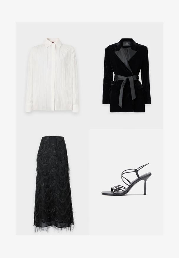Blazer in velluto nero con colletto a scialle in satin, maniche lunghe, tasche frontali e una cintura legata in vita. Texture liscia e design su misura.; Camicia bianca plissettata con colletto classico, maniche lunghe e chiusura con bottoni, caratterizzata da una texture morbida e una leggera lucentezza.; Gonna midi nera con frange a strati e motivi a onda. Realizzata in materiale trasparente con accenti scintillanti lungo i bordi.; Sandali neri con tacco alto presentano sottili cinturini con design annodato, una punta quadrata liscia e un elegante tacco a spillo.
