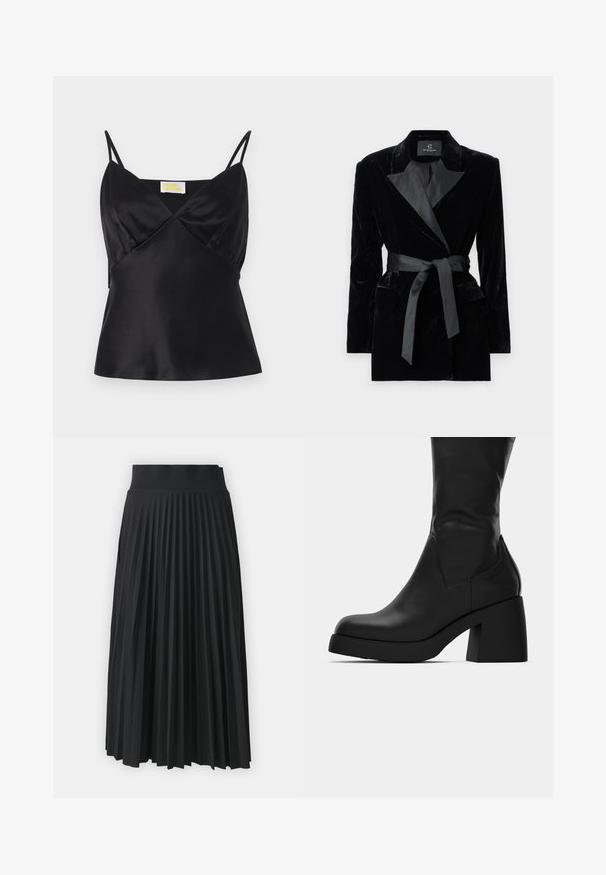 Fekete bársony blézer selyem stílusú gallérral, hosszú ujjak, elülső zsebek és megkötős öv a deréknál. Simaság és precíz szabás jellemzi.; Fekete szatén kamiszol, vékony állítható pántokkal, V-nyakkivágással és egy testhezálló szabással, amely enyhe fényességgel és sima textúrával rendelkezik.; Fekete, redőzött szoknya széles derékszíjjal, egyenletes függőleges redőkkel. Simább textúra, folyékony dizájnnal.; Fekete bőrből készült, középig érő csizma vastag tömbsarokkal és kerek orral, oldalsó profilban, fehér háttér előtt.