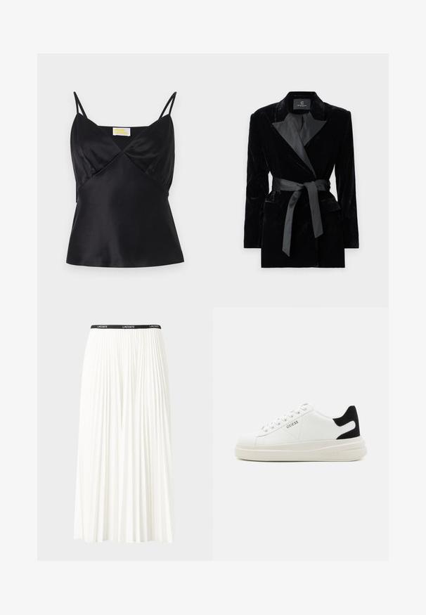 Blazer in velluto nero con colletto a scialle in satin, maniche lunghe, tasche frontali e una cintura legata in vita. Texture liscia e design su misura.; Camisola nera in satin con spalline sottili regolabili, scollatura a V e silhouette aderente con una leggera lucentezza e una texture liscia.; Gonna bianca plissettata con elastico nero in vita che presenta il logo "LACOSTE". Design di lunghezza media con texture morbida.; Sneaker bianchi in pelle con suola spessa bianca, accento in suede nero sul tallone e logo impresso sul lato. Design con lacci e sei fori per i lacci.