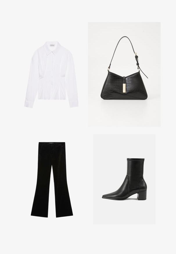 Sort fløjlsblazer med satin sjalkrave, lange ærmer, frontlommer og en bundet bælte i taljen. Glat tekstur og skræddersyet design.; Hvid langærmet bluse med klassisk krave, knaplukning foran og samlede side detaljer. Glat stof med en skræddersyet form.; Sorte fløjlsbukser med en glat tekstur, der har to frontlommer og en tætsiddende talje, designet til en strømlinet silhuet.; Sorte ankelstøvler lavet af glat læder, med spids tå, en blokhæl og markant hævet syning ved den øverste kant.; Sort håndtaske i faux krokodillepræget materiale med en triangelform, slank skulderrem og en guldfarvet hardwaredetalje i midten.; Sorte læderhandsker med en quillede sort ruskindsmanchet. Har en glat overflade og en diskret logoaccent på håndledsområdet.; Sølv dråbeøreringe med rundede accenter, sat mod en model iført en hvid ribbet ærmeløs top, der fremviser en glat tekstur.