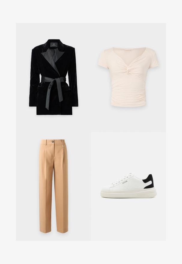 Čierny zamatový blejzer so saténovým šálovým golierom, dlhými rukávmi, prednými vreckami a opaskom na uviazanie v páse. Hladká štruktúra a strihový dizajn.; Svetlo béžový top s krátkym rukávom a výstrihom do V, s detailom twist vpredu, pričom po stranách má nahrnutú textúru pre priliehavý dizajn.; Béžové nohavice na mieru so strihom rovného strihu, vybavené predným zapínaním na gombík, jednoduchou záhybkou a malým kovovým doplnkom na páse.; Biele kožené tenisky s hrubou bielou podrážkou, čiernym zamekom na päte a vyrazeným logom na boku. Šnurovací dizajn so šiestimi očkami.