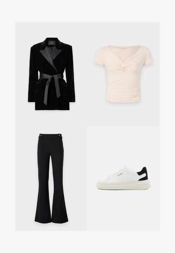 Black velvet blazer with satin shawl collar, long sleeves, front pockets, and a tied belt at the waist. Smooth texture and tailored design.; Light beige short-sleeve top with a V-neck and twist detail at the front, featuring gathered texture along the sides for fitted design.; Black flared pants made of stretchy material. Features two gold-tone buttons at the waist. Smooth texture and fitted through the hips.; White leather sneakers with a thick white sole, black suede heel accent, and embossed logo on the side. Laced design with six eyelets.