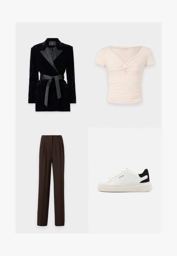 Sort fløjlsblazer med satin sjalkrave, lange ærmer, frontlommer og en bundet bælte i taljen. Glat tekstur og skræddersyet design.; Lyst beige kortærmet top med V-hals og twist-detalje foran, med samlede teksturer langs siderne for en tætsiddende design.; Brune plisserede bukser med lige ben, skræddersyet stof og en glat tekstur, der har bæltestropper og sidelommer.; Hvide lædersneakers med en tyk hvid sål, sort ruskindhælvægt og prægede logoer på siden. Snørebåndsdesign med seks øjer.