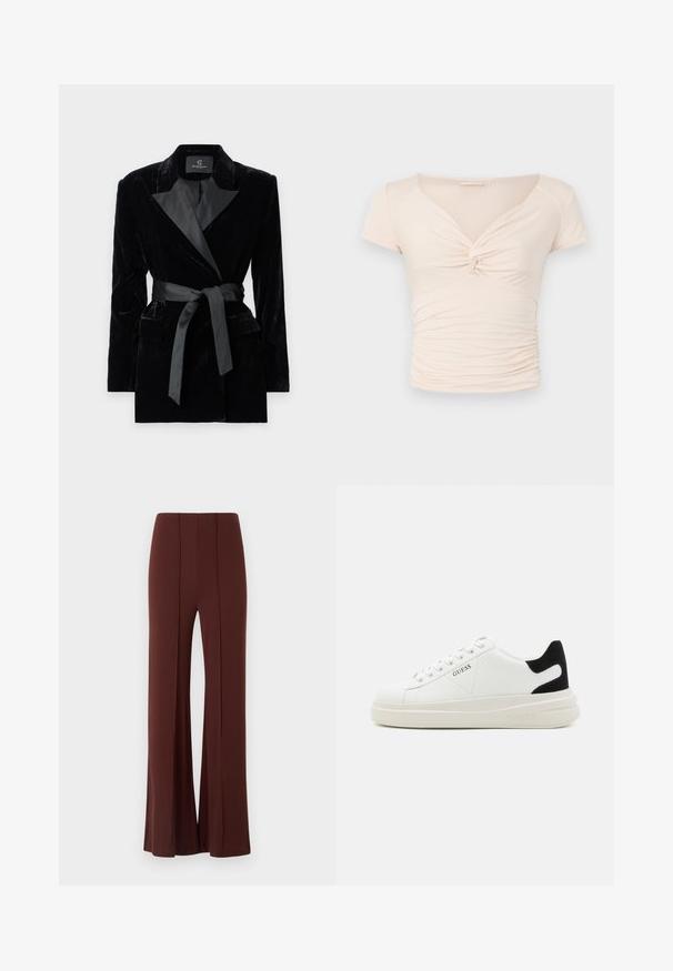 Blazer in velluto nero con colletto a scialle in satin, maniche lunghe, tasche frontali e una cintura legata in vita. Texture liscia e design su misura.; Top corto a maniche corte beige chiaro con scollatura a V e dettaglio intrecciato sul fronte, caratterizzato da una texture arricciata lungo i lati per un design aderente.; Pantaloni larghi marroni con vita alta, realizzati in un tessuto liscio che presenta cuciture verticali sul davanti e un orlo finito in modo pulito.; Sneaker bianchi in pelle con suola spessa bianca, accento in suede nero sul tallone e logo impresso sul lato. Design con lacci e sei fori per i lacci.