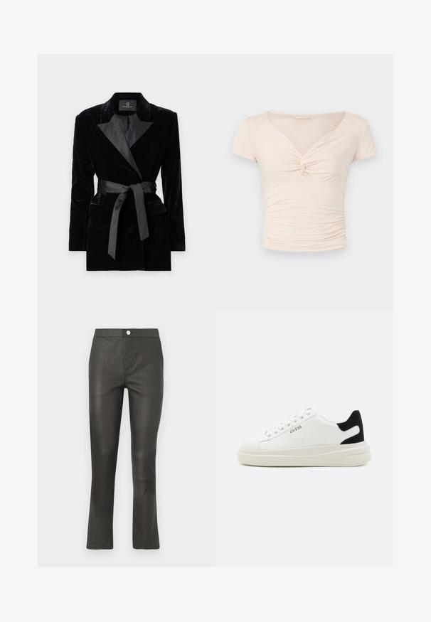 Musta samettitakki, jossa on satiininen kauluspanta, pitkät hihat, etupussit ja vyötäröllä solmittava vyö. Sileä pinta ja muotoiltu malli.; Vaalean beige lyhythihainen toppi, jossa on V-mallinen kaula-aukko ja kierretyt yksityiskohdat edessä. Sivut ovat rypytettyjä, mikä luo istuvan muotoilun.; Mustat nahkahousut, joissa on istuva muotoilu, suora lahje ja huomaamaton ompelu. Päällä edessä nappikiinnitys ja ilman taskuja.; Valkoiset nahkakengät paksulla valkoisella pohjalla, mustalla mokkanahkaosuudella kannassa ja kohokuvioitu logo sivulla. Nauhakeskitys kuudella reiällä.