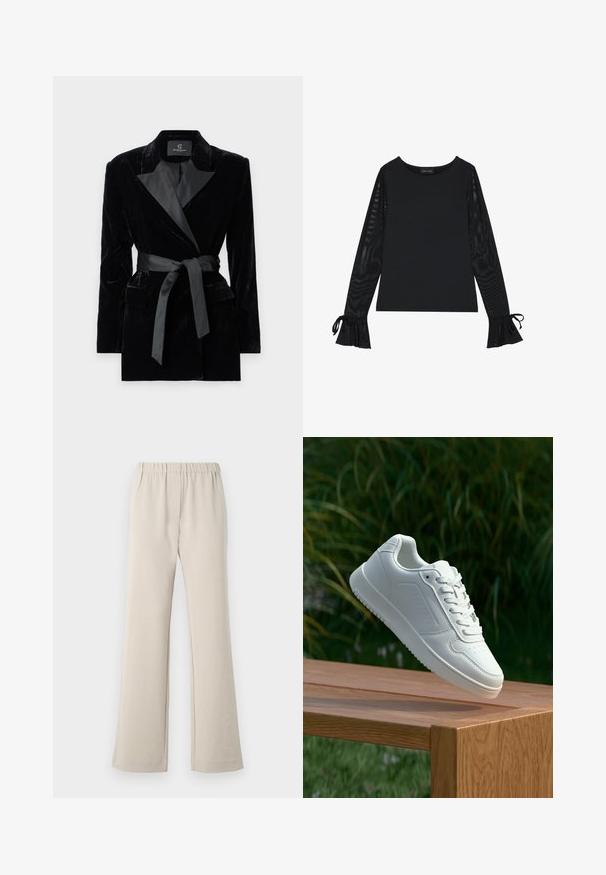 Zwarte fluwelen blazer met satijnen sjaalkraag, lange mouwen, voorzakken en een strikceintuur in de taille. Zachte textuur en verfijnd design.; Zwarte top met een solide lichaam en doorschijnende, uitlopende mouwen. Heeft strikaccenten bij de manchetten. Gemaakt van een gladde stof met een getailleerd ontwerp.; Beige, uitlopende broek van zacht stof met een elastische tailleband en minimale details. Ontworpen voor comfort en draaggemak.; Witte sneaker met een gladde synthetische bovenkant, geperforeerde neus, platte veters en een gestructureerde zool, tentoongesteld op een houten oppervlak.