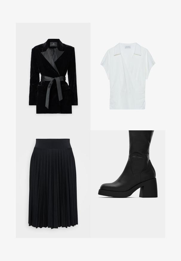 Svart sammet blazer med satin skalkrage, långa ärmar, framfickor och ett knytbälte i midjan. Slät textur och skräddarsydd design.; Vit krage inslag blus i mjukt tyg, med korta ärmar och rynkade detaljer vid midjan för en avslappnad passform.; Svart plisserad kjol med bred midja, tillverkad av ett mjukt material. Har vertikala veck för extra textur och flöde.; Svart läderstövel som går till mitten av vadens längd, med kraftig klack och rund tå, visad i sidoprofil mot vit bakgrund.