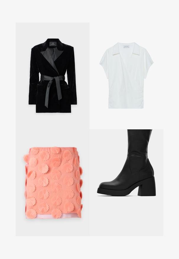 Sacou negru din catifea, cu guler din satin, mâneci lungi, buzunare frontale și o curea legată în talie. Textură fină și design croit.; Bluză albă cu guler, dintr-un material neted, cu mâneci scurte și detalii pliate la talie pentru o ajustare lejeră.; Fustă corai cu o suprafață texturată, decorată cu aplicații circulare din material. Talie elastică și căptușeală interioară netedă.; Botină din piele neagră, până la jumătatea gambei, cu toc gros și vârf rotunjit, prezentată în profil lateral pe un fundal alb.